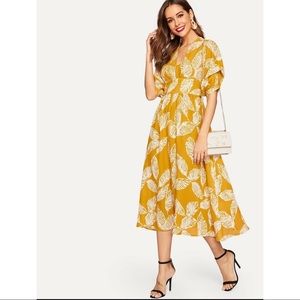 Wide Waist Leaves Print Split V Neck Summer Dress